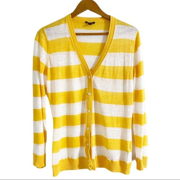 Lafayette 148 Yellow Striped Linen Blend Button Front Cardigan Size Medium - Picture 1 of 10